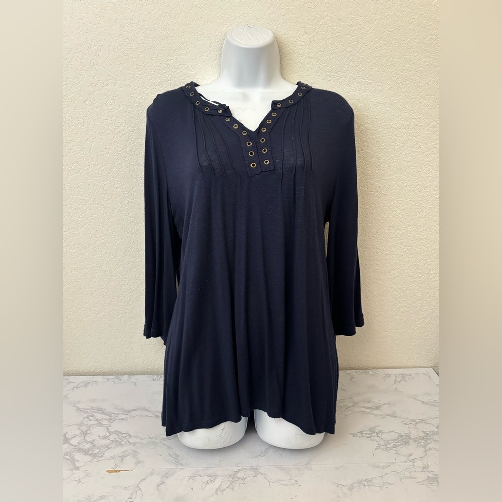 Style & Co Womens PM Blue peasant Top Blouse Embroidered Long Bell Sleeve